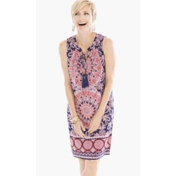 Chico’s Petite Floral Geo Print Dress Size 0 Small 4 Pink Blue Tassels Stretch - Picture 10 of 12